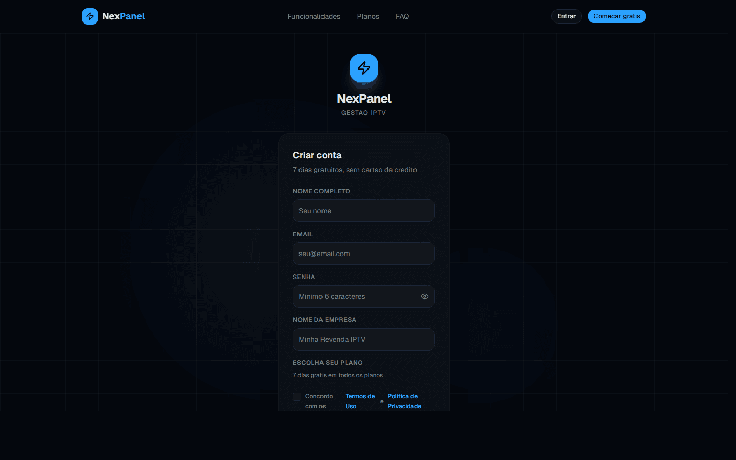 NexPanel - Account creation flow